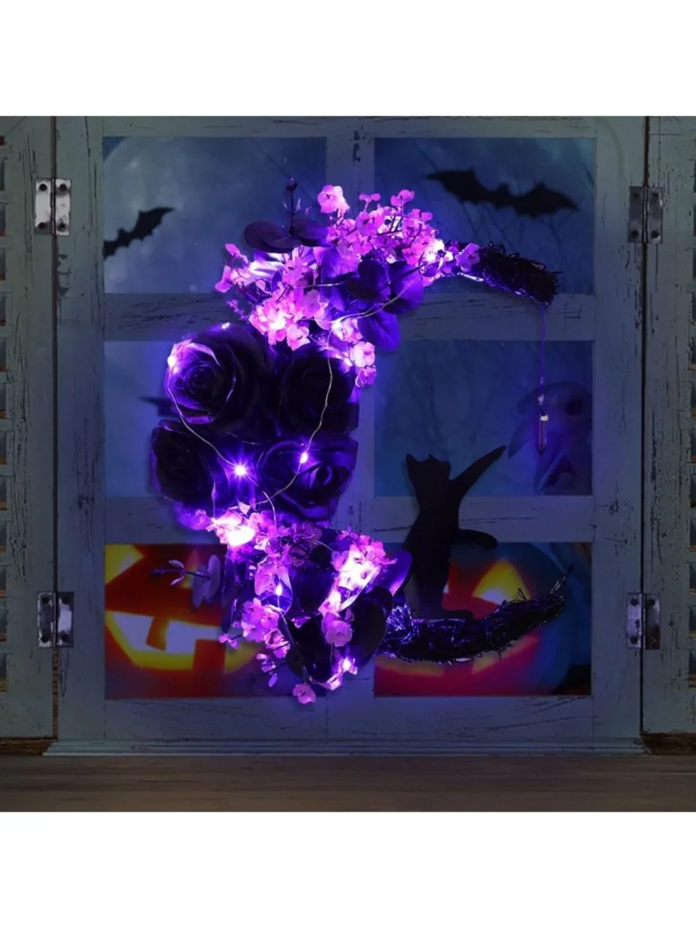 Lighted Halloween Wreath with Cat & Moon | 12